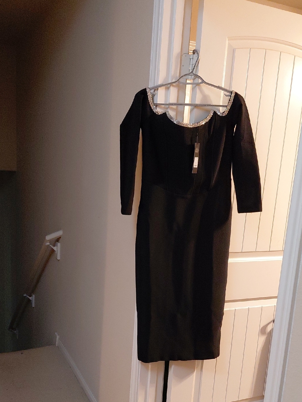 Black Scoop Neck Sheath Dress with Embellished Trim, Size XL